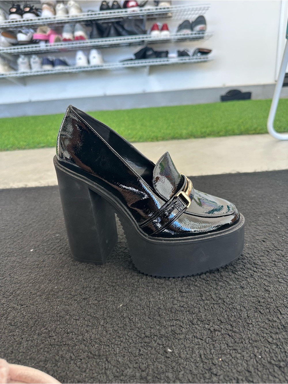 Platform Block Heel Patent Loafer - Black